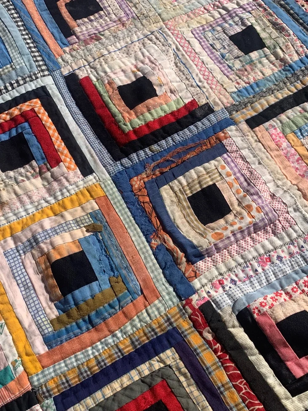 Antique 1940s or older multicolor multi-material log cabin quilt